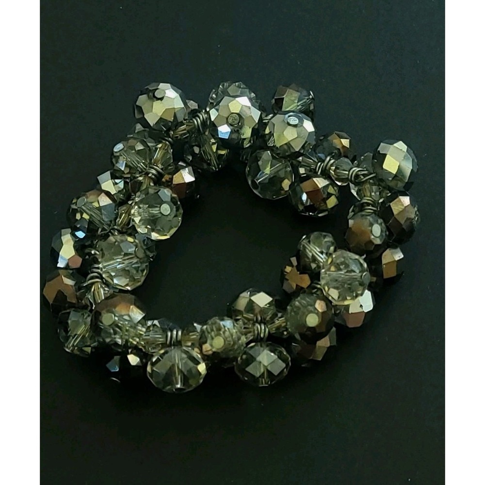 Smoky Black Faceted Crystal Cha Cha Stretch Bracelet 11mm Cluster Statement